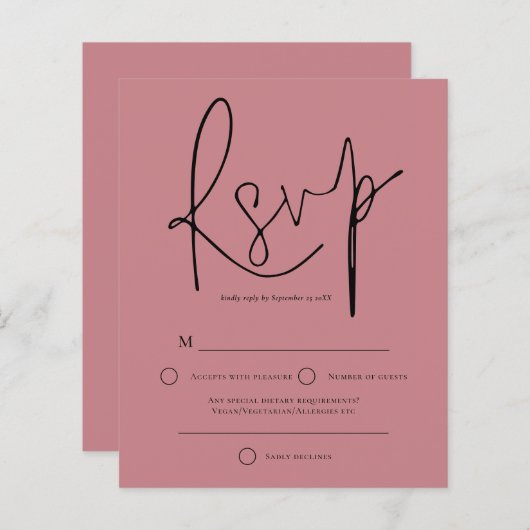Budget Script Dusty Rose Wedding RSVP (Vorne/Hinten)