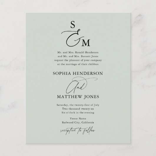 Budget Script Elegant Wedding Sage Green (Vorderseite)