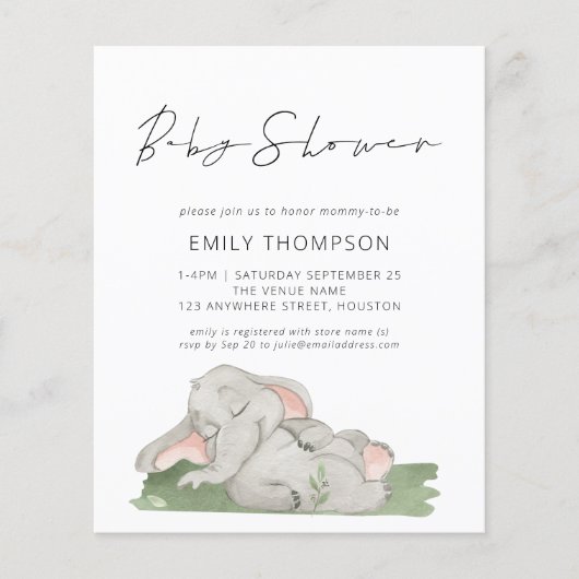 Budget Script Elephant Baby Shower Einladung (Vorderseite)