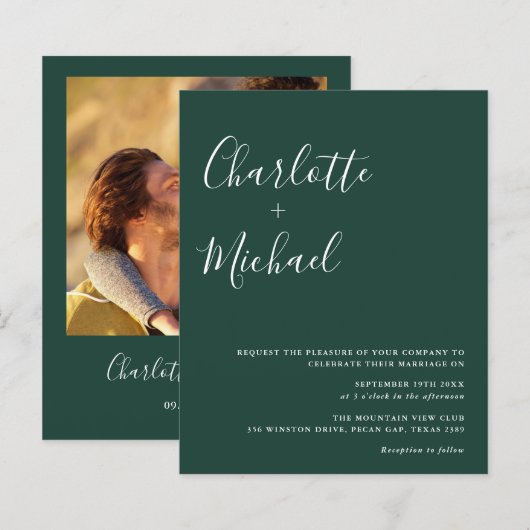 Budget Script Emerald Foto Hochzeitseinladung (Vorne/Hinten)