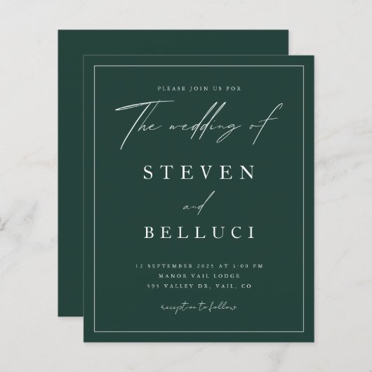 Budget Script Emerald Green Wedding Einladung (Vorne/Hinten)