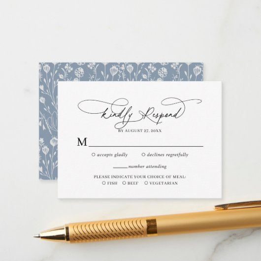 Budget Script floral Dusty Blue Wedding Rsvp Begleitkarte (Vorderseite/Rückseite Beispiel)