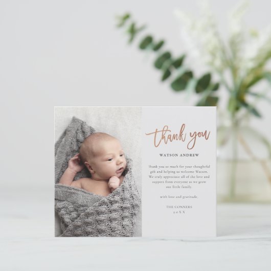 Budget Script Foto Baby Danke Karte (Stehend Vorderseite)