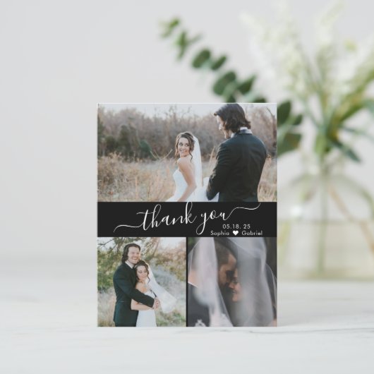 Budget Script Foto Collage Wedding Danke Karte (Stehend Vorderseite)