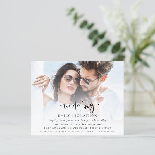 Budget Script Foto Overlay QR Code Wedite Einladun (Stehend Vorderseite)