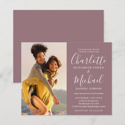 Budget Script Foto Wedding Mauve Einladung (Vorne/Hinten)
