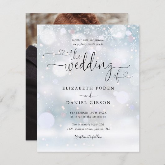 Budget Script Foto Winter Hochzeit Einladung (Vorne/Hinten)