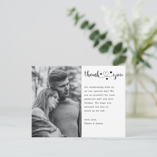 Budget Script Heart Foto Hochzeit Danke Karte (Stehend Vorderseite)