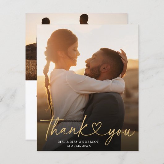 Budget Script Heart Wedding 2 Foto Danke Karte (Vorne/Hinten)