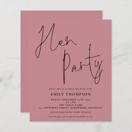 Budget Script Hen Party Dusty Rose Einladung (Vorne/Hinten)
