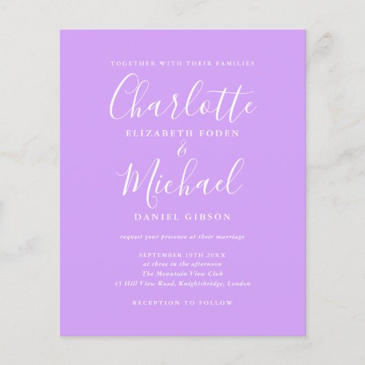 Budget Script Lilac Foto Hochzeit Einladung (Vorderseite)
