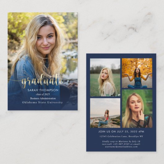 Budget Script Navy Blue Foto Collage Abschluss Mitteilungskarte (Vorne/Hinten)