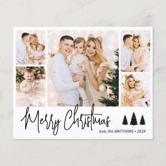 Budget Script Pine 5 Foto Collage Weihnachtskarte (Vorderseite)