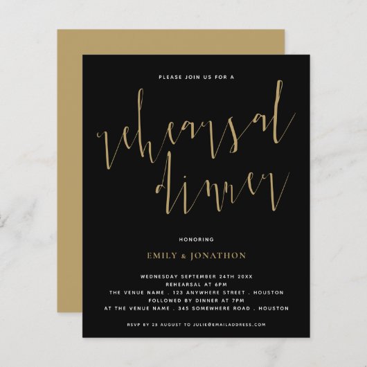 Budget Script Probe Dinner Gold Black Einladung (Vorne/Hinten)