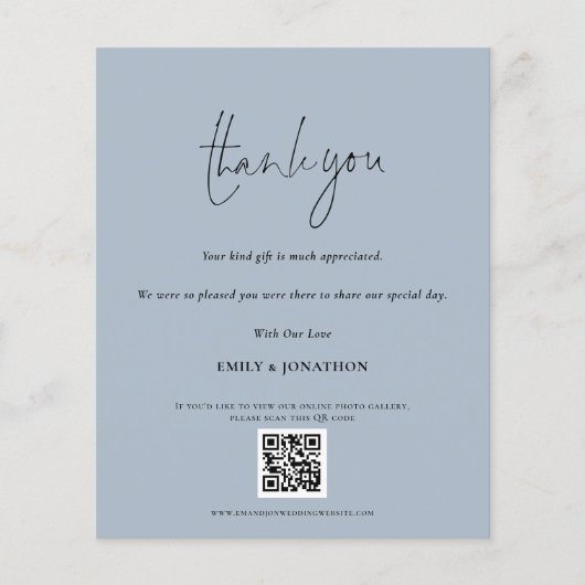 Budget Script QR Code Hochzeit Foto Blue Dank (Vorderseite)
