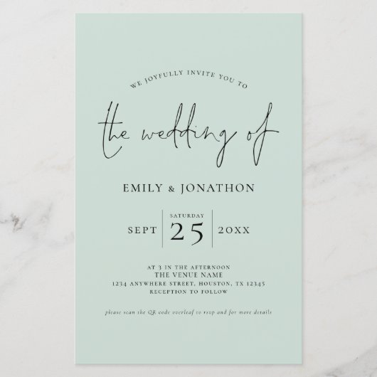 Budget Script QR Code Mint Green Wedding Einladung (Vorderseite)