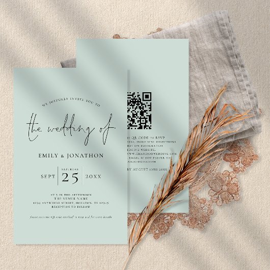Budget Script QR Code Mint Green Wedding Einladung