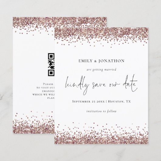 Budget Script QR Code Rose Gold Glitzer Rett Datum (Vorne/Hinten)