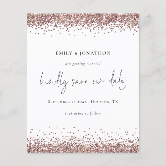 Budget Script QR Code Rose Gold Glitzer Rett Datum (Vorderseite)