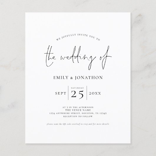 Budget Script QR Code Schwarz-weiß Wedding Einladu (Vorderseite)
