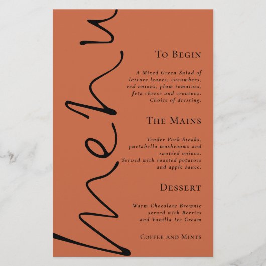 Budget Script Simple Terracotta Wedding Menu (Vorderseite)