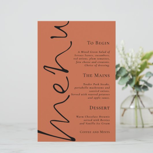 Budget Script Simple Terracotta Wedding Menu (Stehend Vorderseite)