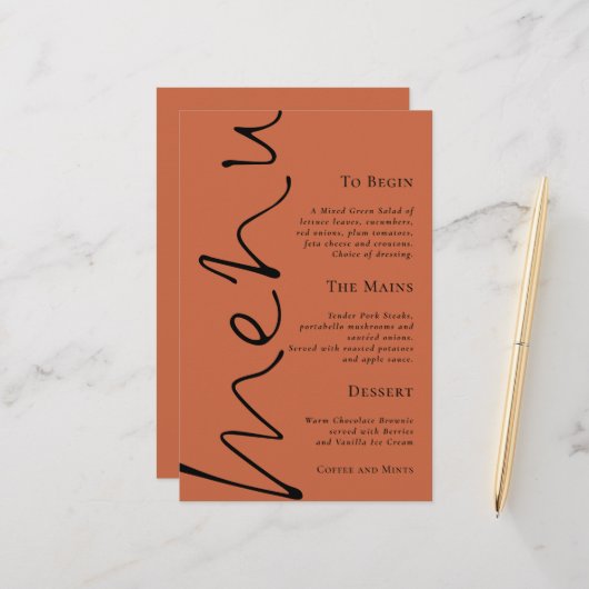 Budget Script Simple Terracotta Wedding Menu (Vorderseite/Rückseite Beispiel)