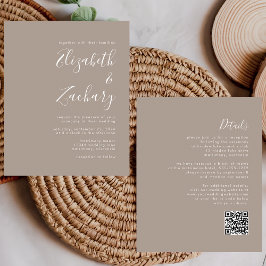Budget Script Taupe QR Code Wedding Einladung