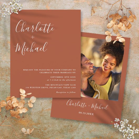 Budget Script Terracotta Foto Hochzeit Einladung