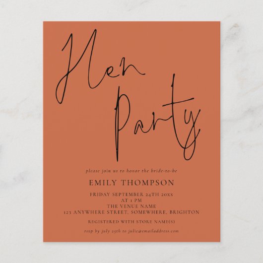 Budget Script Terracotta Hen Party Einladung (Vorderseite)