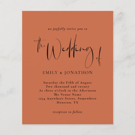 Budget Script Terracotta Wedding Einladung (Vorderseite)