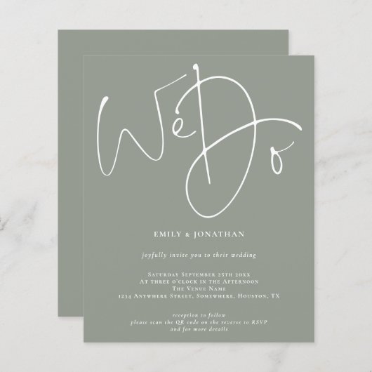 Budget Script We Do Sage QR Code Wedding Invite (Vorne/Hinten)