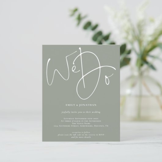 Budget Script We Do Sage QR Code Wedding Invite (Stehend Vorderseite)