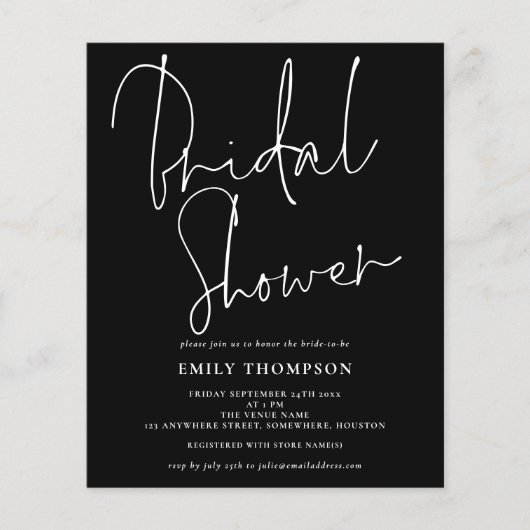 Budget Script White Black Bridal Dusche Einladung (Vorderseite)