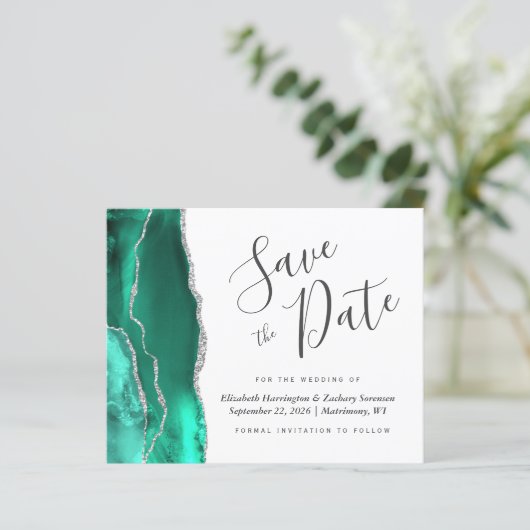 Budget Seafoam Green Silver Agate Save the Date (Stehend Vorderseite)