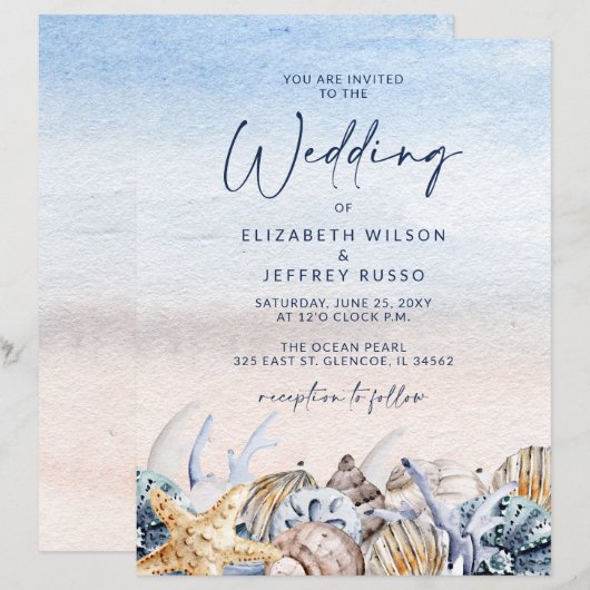 Budget Seashells Beach Wedding Einladung (Vorne/Hinten)