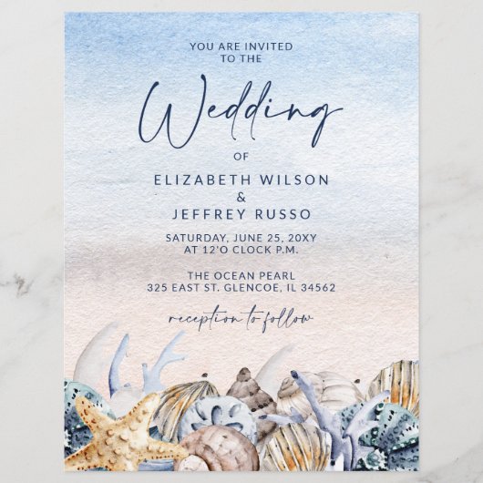 Budget Seashells Beach Wedding Einladung (Vorderseite)
