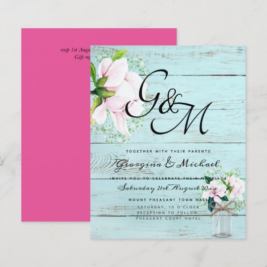 BUDGET Shabby Pink Magnolia Chic Wedite Einladung (Vorne/Hinten)