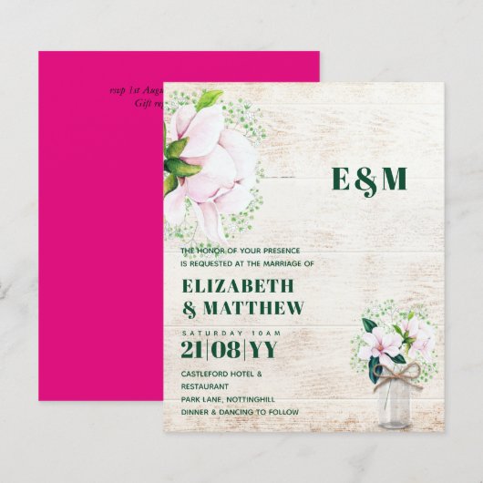 BUDGET Shabby Pink Magnolia Chic Wedite Einladung (Vorne/Hinten)