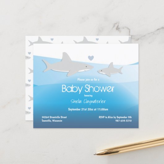 Budget Shark Blue Ocean Baby Dusche Einladung (Vorderseite/Rückseite Beispiel)