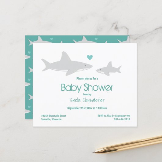 Budget Shark Green White Baby Dusche Einladung (Vorderseite/Rückseite Beispiel)