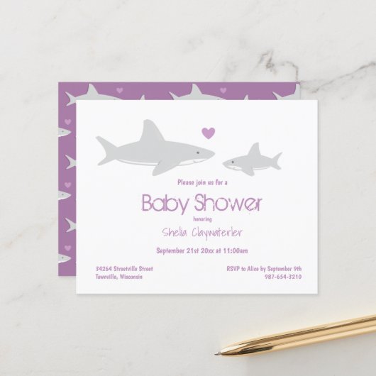 Budget Shark Lila White Baby Dusche Einladung (Vorderseite/Rückseite Beispiel)