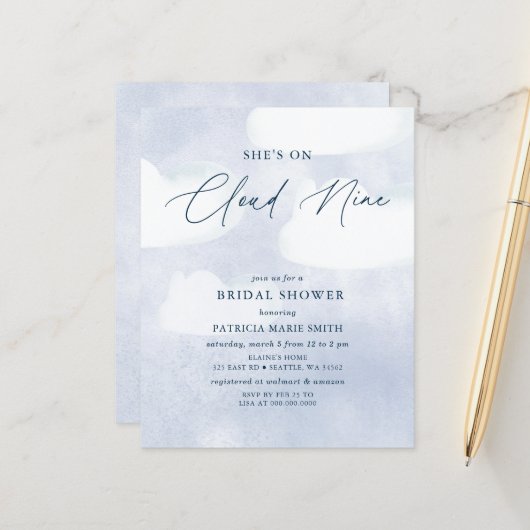 Budget Sie ist auf Cloud Nine Brautparty Einladung (Vorderseite/Rückseite Beispiel)