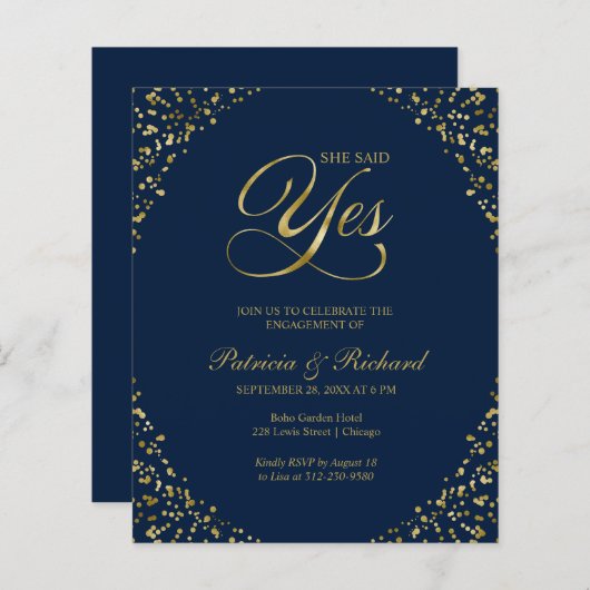 Budget Sie sagte ja Engagement Partei Einladung (Vorne/Hinten)