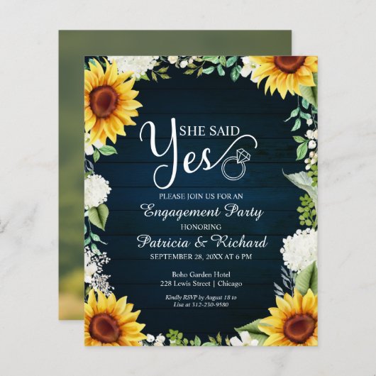 Budget Sie sagte ja Engagement Partei Einladung (Vorne/Hinten)