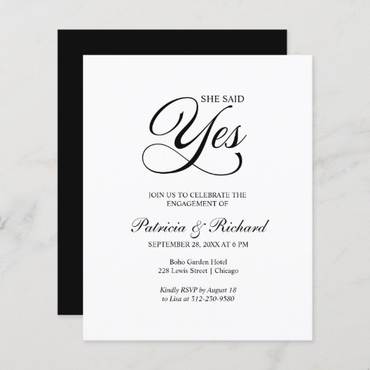 Budget Sie sagte ja Engagement Partei Einladung (Vorne/Hinten)