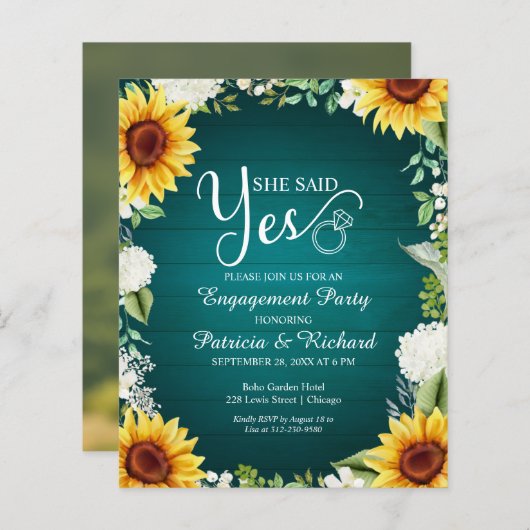 Budget Sie sagte ja Engagement Partei Einladung (Vorne/Hinten)