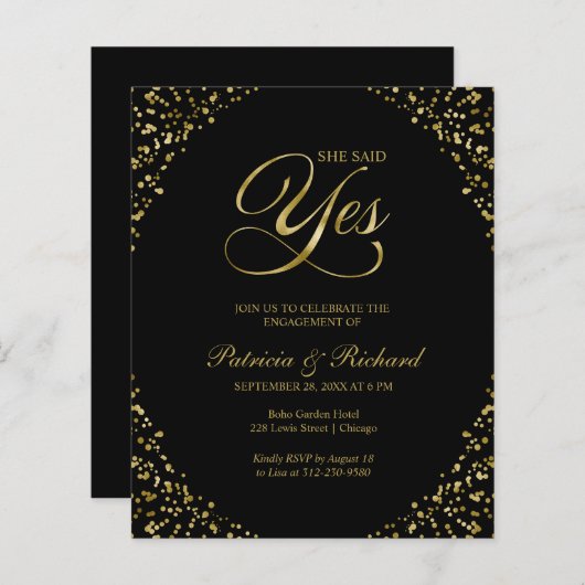 Budget Sie sagte ja Engagement Partei Einladung (Vorne/Hinten)