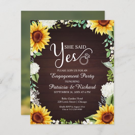 Budget Sie sagte ja Engagement Partei Einladung (Vorne/Hinten)