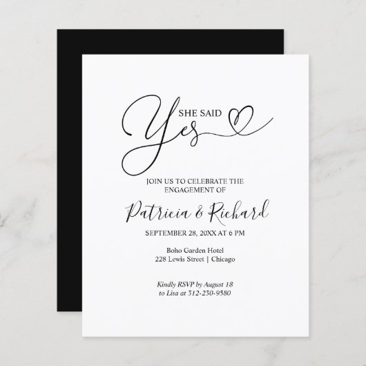 Budget Sie sagte Ja Engagement Party Ankündigung (Vorne/Hinten)